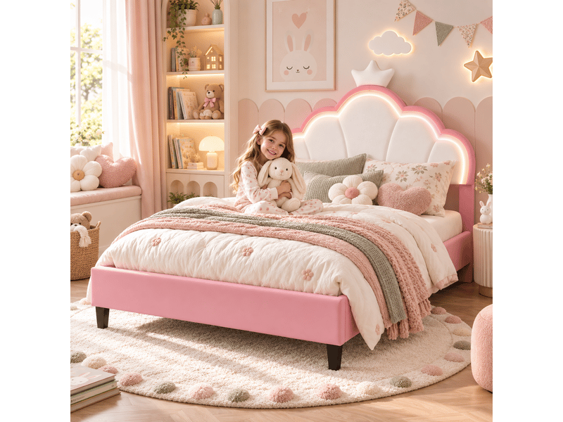  Lit double enfant 140x190 cm, lit capitonné avec sommiers à lattes et dossier, lit fille réglable en hauteur,velours,led,unique,rose lit fille 140x190 cm avec led - lit enfant avec dossier unique - tête de lit couronne réglable …  - Conforama E