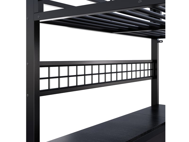  Lit mezzanine 200×140 cm avec bureau, tiroirs et éclairage led, en métal et mdf noir  - Conforama E