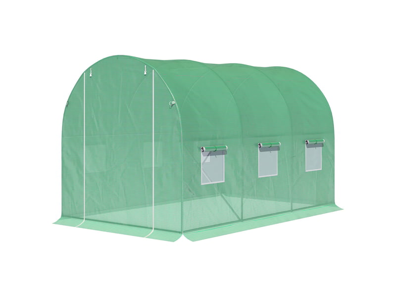 Serre de jardin tunnel surface sol 6 m² 3l x 2l x 2h m acier porte zippée 6 fenêtres enroulables vert - Conforama B