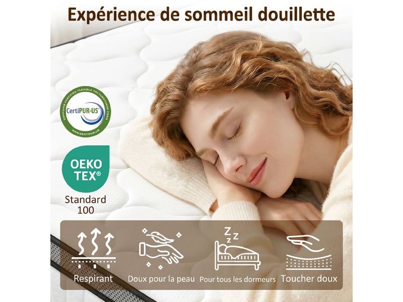  Matelas 140 x 190 cm, matelas à ressorts ensachés 7 zones mousse à mémoire forme au gel rafraîchissant, 20cm d'épaisseur  - Conforama R