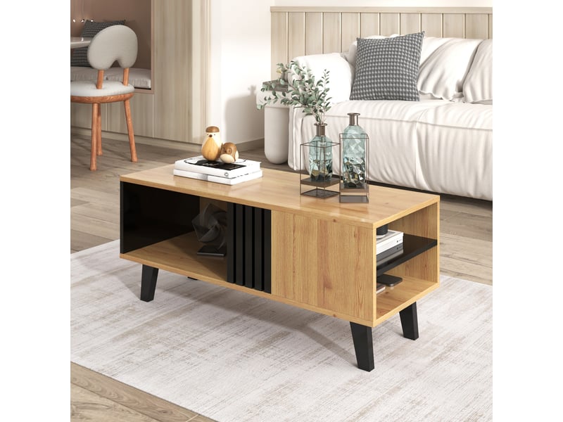  Table basse ulevr avec rangements 100 x 60 x 45 cm, panneau de particules noir et bois naturel, pieds en plastique  - Conforama D
