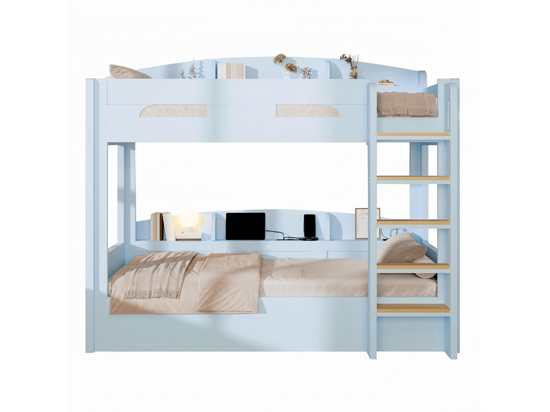 Lit superposé avec lit inférieur 90x200 cm, étagères et prise usb, structure bois massif, bleu clair - Conforama A