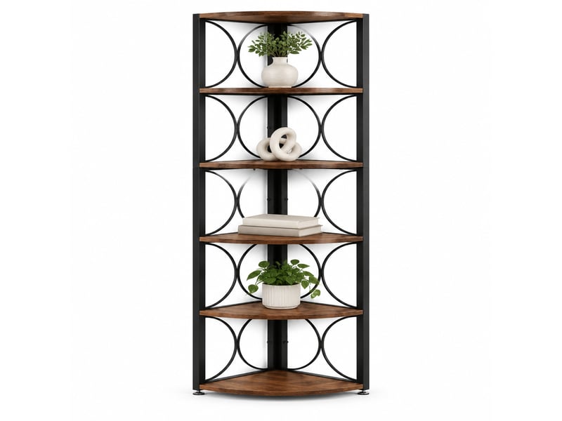  Étagère d'angle multifonction 6 niveaux 107 cm noir et brun rustique en métal et bois, gain de place  - Conforama A