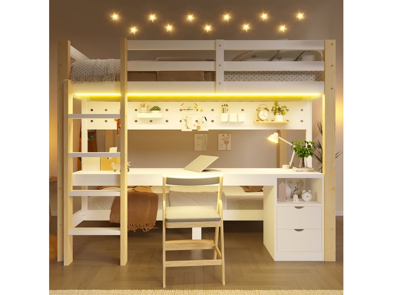  Lit superposé 140x200 et 90x200 cm avec bureau, tiroirs et led blanc naturel  - Conforama D