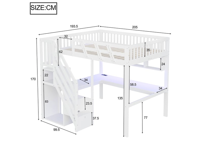  Lit enfant massif 140x200cm blanc avec escalier rangement bureau usb led cadre haut  - Conforama C
