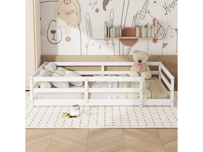  Lit montessori 140x200 au sol enfant avec barrière 4 côtés bois massif blanc  - Conforama B