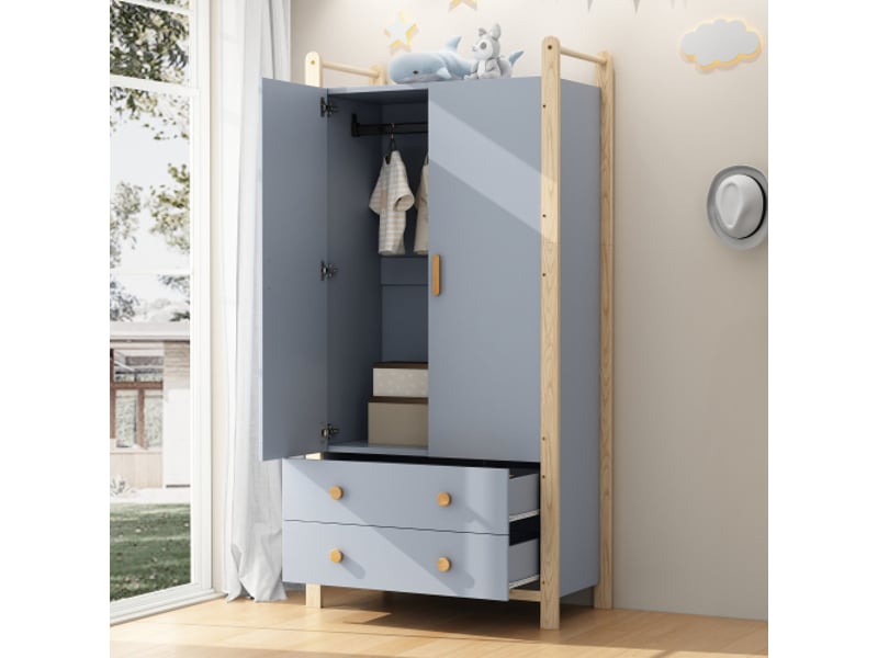  Armoire-penderie bleue en pin – 2 portes, 2 tiroirs, tringle – cadre en pin 90×45×180 cm  - Conforama D