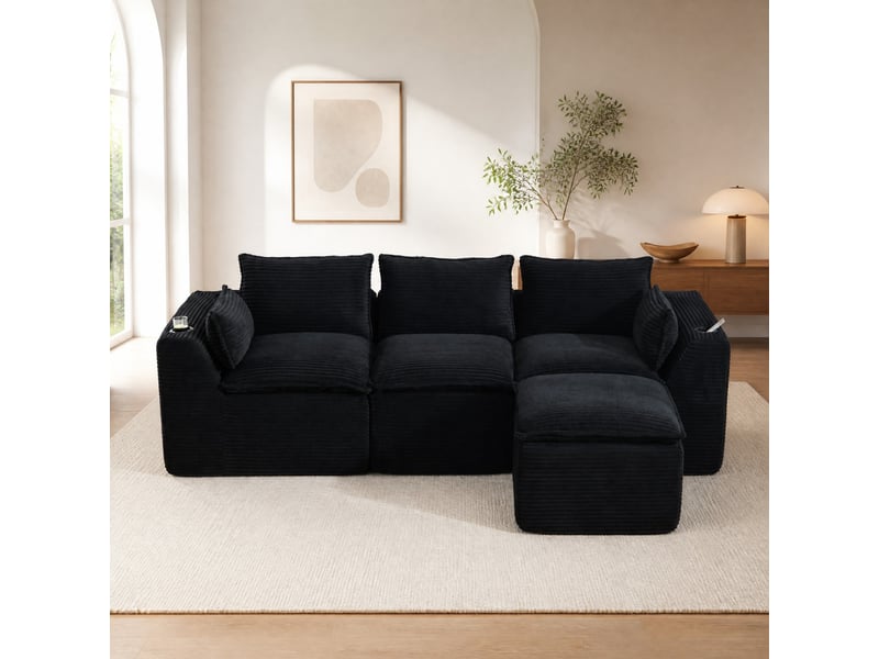  Canapé modulaire 3 places avec pouf en velours côtelé noir  - Conforama D