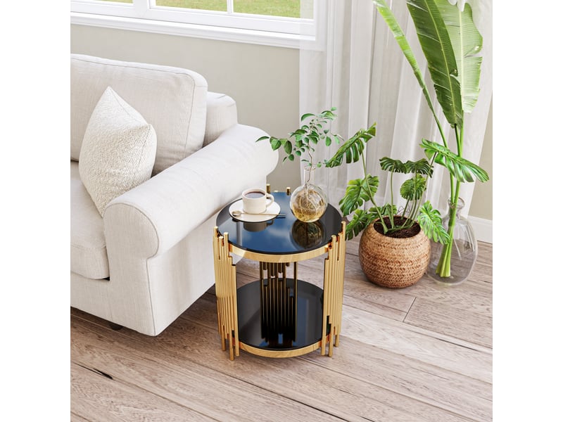  Table d'appoint ronde en verre trempé et acier inoxydable bout de canapé 2 niveaux design moderne pour salon et chambre  - Conforama R