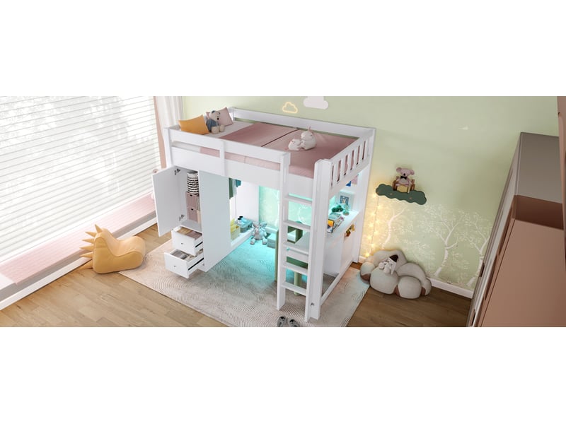  Lit mezzanine 90 × 200 cm, bureau, penderie et 4 tiroirs, blanc  - Conforama B