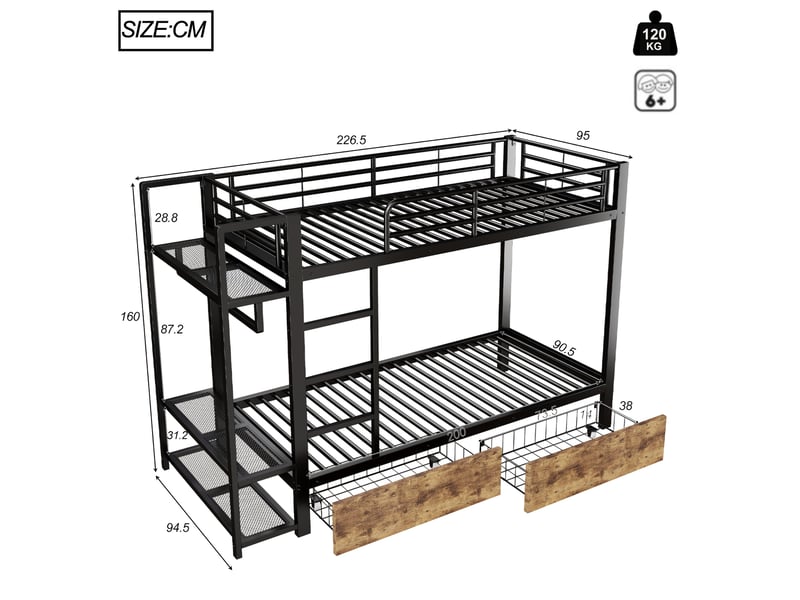  Lit superposé enfant 90 x 200 cm avec led, rangements et 2 tiroirs, noir  - Conforama C