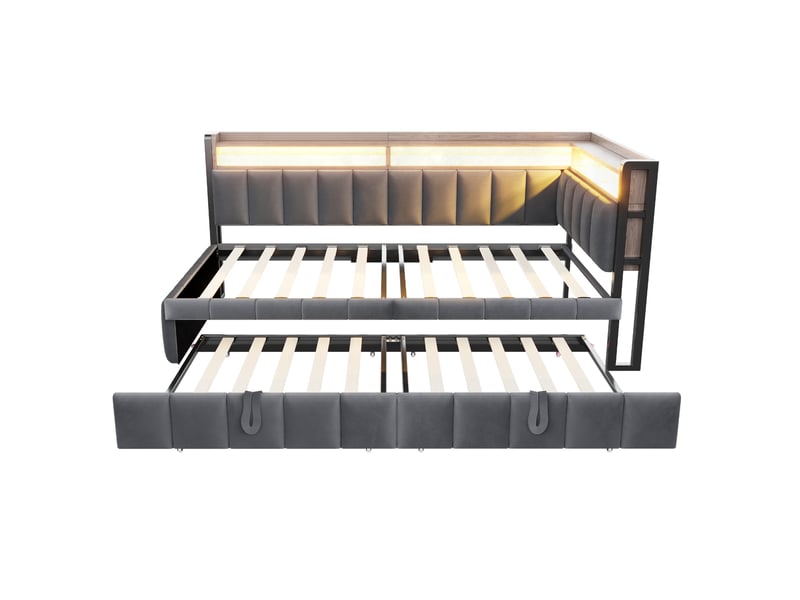 Lit gigogne 90x200 cm gris foncé en velours, éclairage led, rangements et ports usb type-c intégrés  - Conforama D