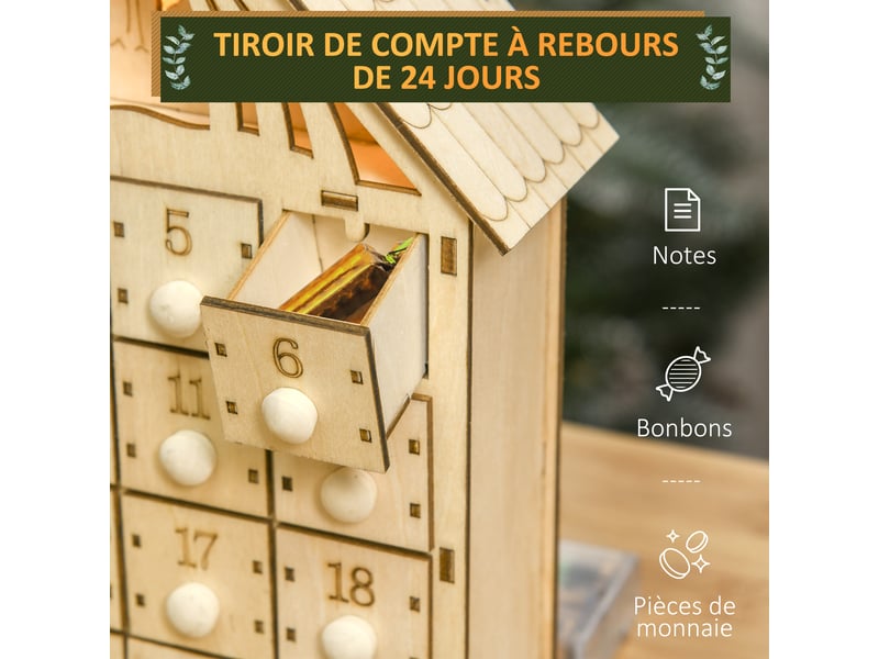  Calendrier de l'avent à remplir en bois, décoration de noël avec 24 tiroirs et 5 lumières led, 26,6x6x30cm, bois naturel  - Conforama E