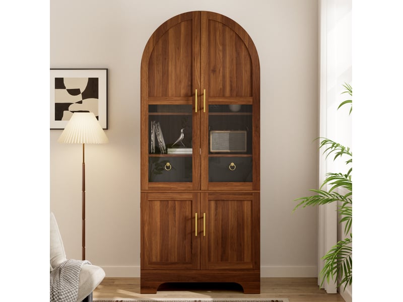 Buffet 76x40x180 cm, forme arquée, éclairage led, 4 portes et 1 tiroir, mdf et panneau de particules, aspect noyer brun - Conforama E