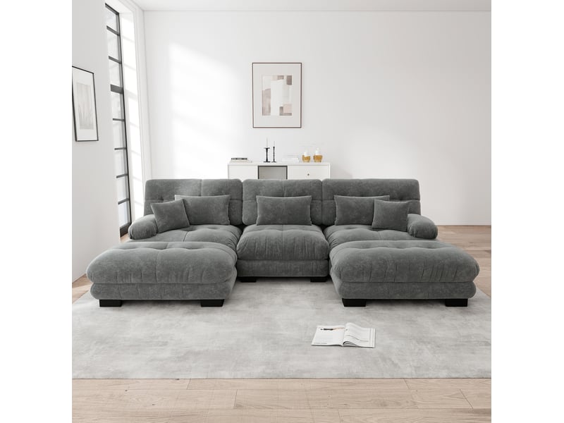  Canapé d'angle modulable en u 3 places gris en chenille avec poufs mobiles  - Conforama B