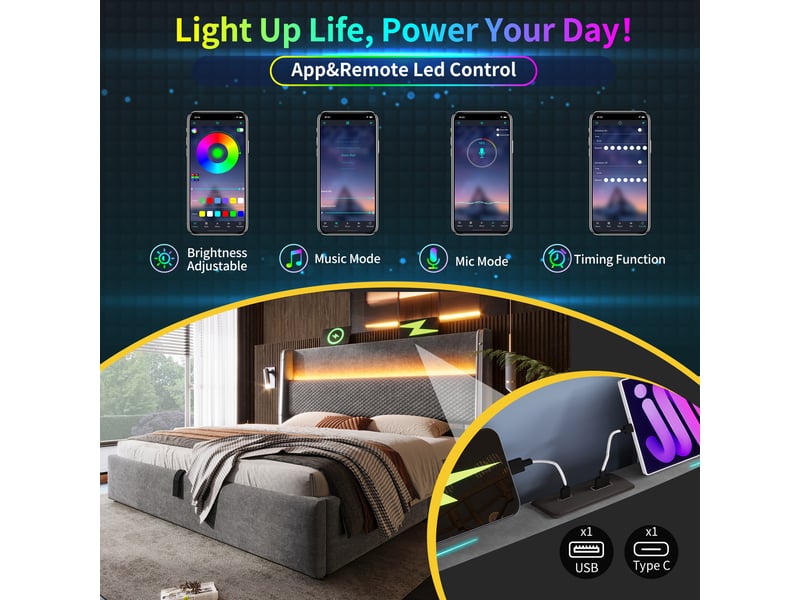  Lit double coffre hydraulique 180x200 cm effet lin gris avec, tête de lit haute, éclairage led, ports usb-c et rangement sous le lit Morn Vibe - Conforama D