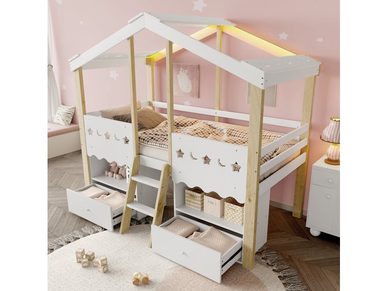  Lit semi-hauteur enfant 90x200 cm maison avec led et 2 tiroirs blanc naturel  - Conforama D