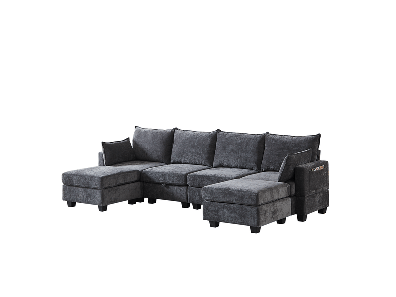 Canapé d’angle modulable convertible 6 places en chenille gris avec rangement - Conforama A