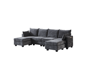 Canapé d’angle modulable convertible 6 places en chenille gris avec rangement