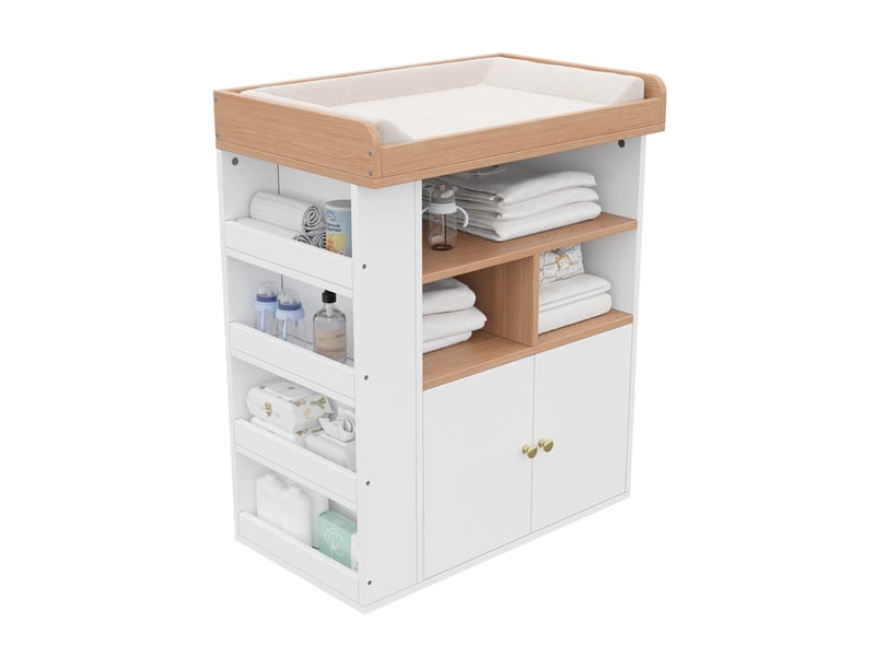  Commode à langer - 82 x 50 x 100 cm - commode à langer avec plan à langer, placard et étagères latérales - blanc et effet bois  - Conforama A