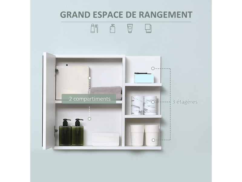  Armoire miroir de salle de bain avec 3 étagères latérales bois blanc 60x18x50 cm  - Conforama D
