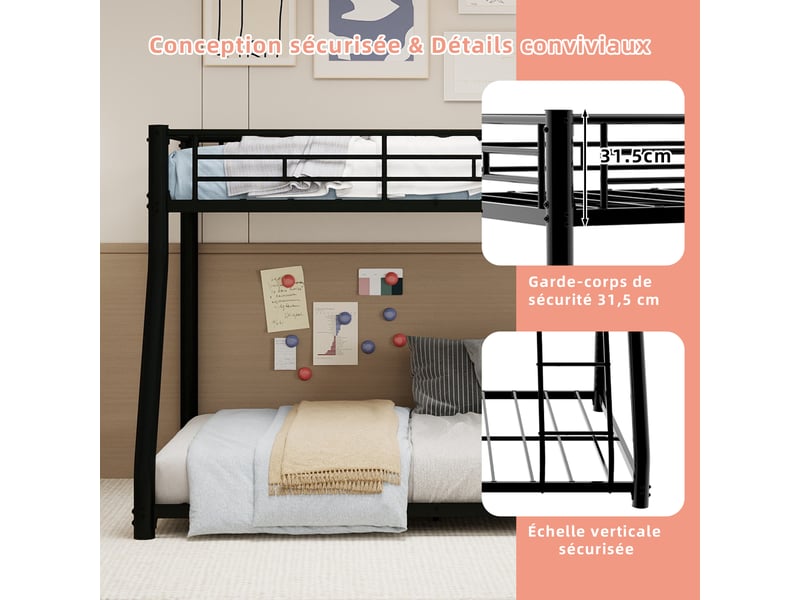  Lit superposé en métal 90×140 et 140×190 cm, échelle, garde-corps continu, pour jeune et adulte, pour chambre enfant  - Conforama D