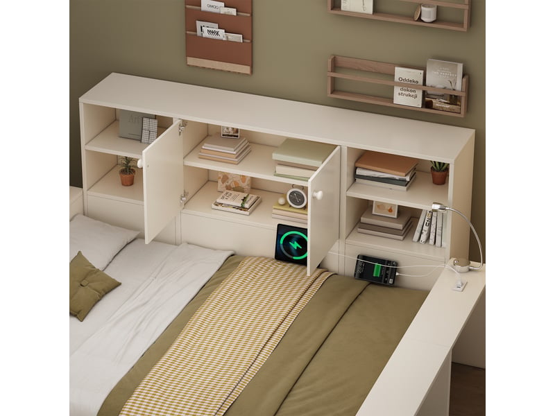  Lit double avec rangement - 140x200 cm - blanc - tiroirs avec roulettes - ports usbusb-c - espace de rangement 35 cm  - Conforama R