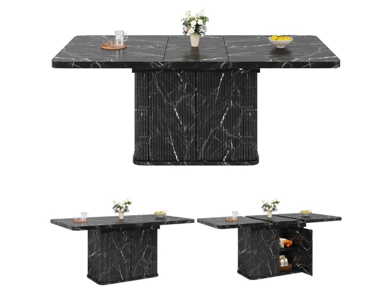  Table à manger extensible 140-180 cm effet marbre noir avec rangement caché et façade rainurée  - Conforama A