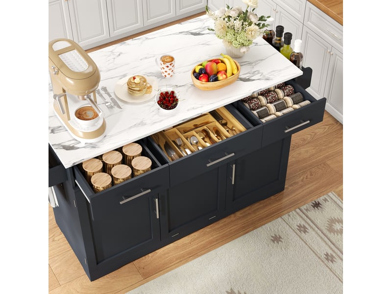  Île de cuisine mobile avec planche à découper pliante, chariot de cuisine sur roulettes avec 3 grands tiroirs, 2 étagères de porte et placard à poubelle, 136 x 50 (75) x 92 cm  - Conforama E