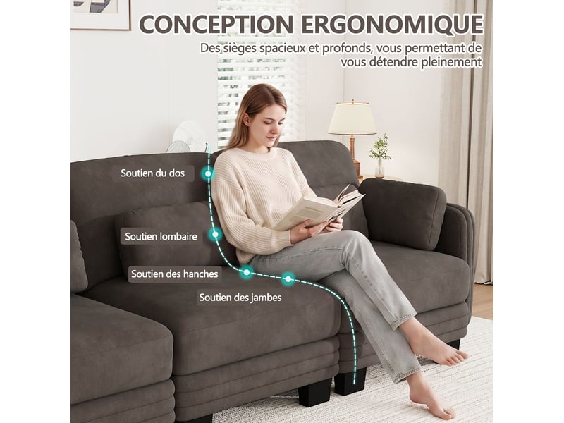  Canapé droit modulable 176 cm 2 places, coussins d'accoudoirs amovibles et coussins lombaires épais à soutien, chenille, ressorts ensachés, brun café  - Conforama E
