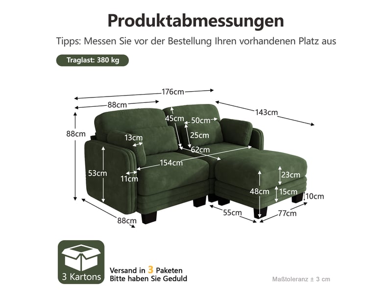 Canapé d'angle modulable - 2 places - forme l - 1 ottoman - coussins d'accoudoirs - tissu chenille - structure en bois massif - vert CozyNest - Conforama D