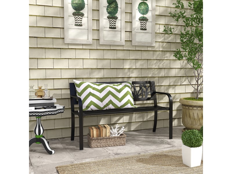  Banc de jardin 2 places en acier avec dossier et accoudoirs décorés, 125 x 50 x 75 cm, noir  - Conforama C