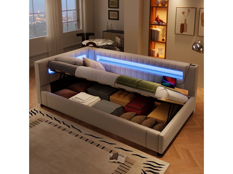  Lit coffre 90x200 cm en lin avec rangement hydraulique, éclairage led, ports usb et usb-c - beige  - Conforama B