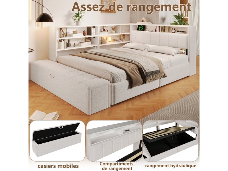  Canapé-lit 140 x 200 cm, suspension hydraulique, banquette-lit, prise électrique, caisson latéral réversible (à gauche ou à droite) avec port usb et éclairage led, sans matelas, velours blanc.  - Conforama D