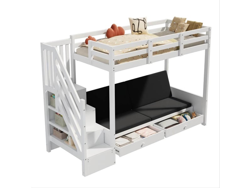  Lit superposé enfant 90x200 cm, canapé modulable, escalier de rangement, 2 tiroirs, bois et mdf, blanc, sans matelas  - Conforama A