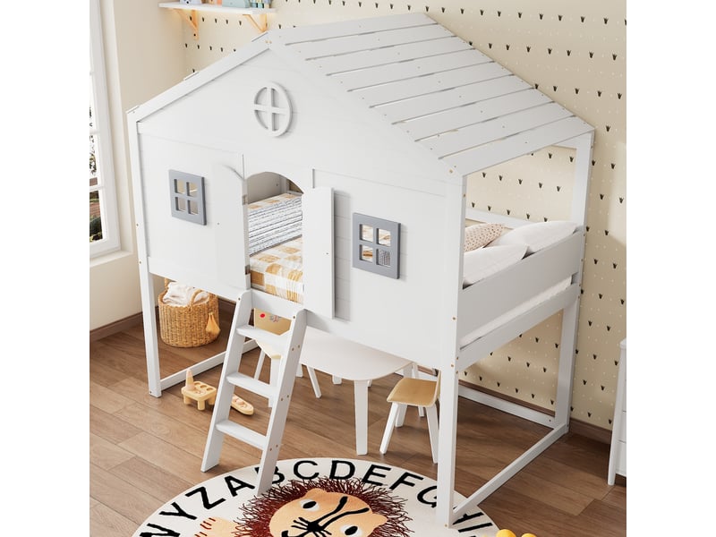  Lit cabane enfant 90x200 cm blanc et gris, fenêtres, escalier, garde-corps et dessous aménageable  - Conforama E