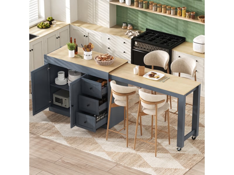  Îlot de cuisine mobile avec plateau extensible et 3 tiroirs, gris, 112-186,8x45x93 cm  - Conforama B