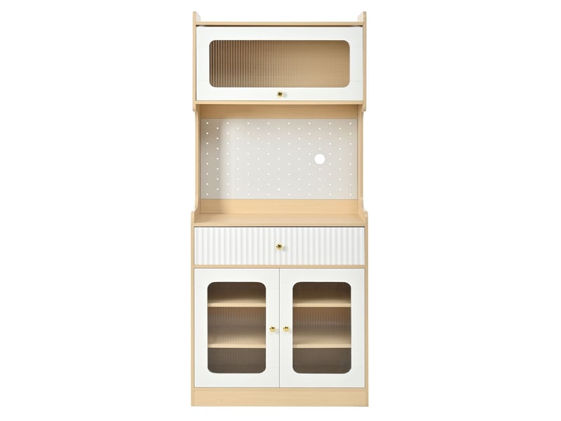  Meuble de rangement étagères réglables tiroirs intégrés éclairage led verre structuré coloris naturel  - Conforama A