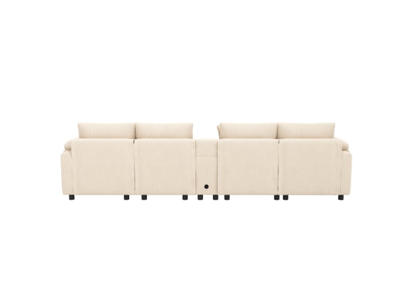  Canapé d'angle modulable beige en velours côtelé – bluetooth, usb, charge sans fil, rangement, coussins inclus  - Conforama E