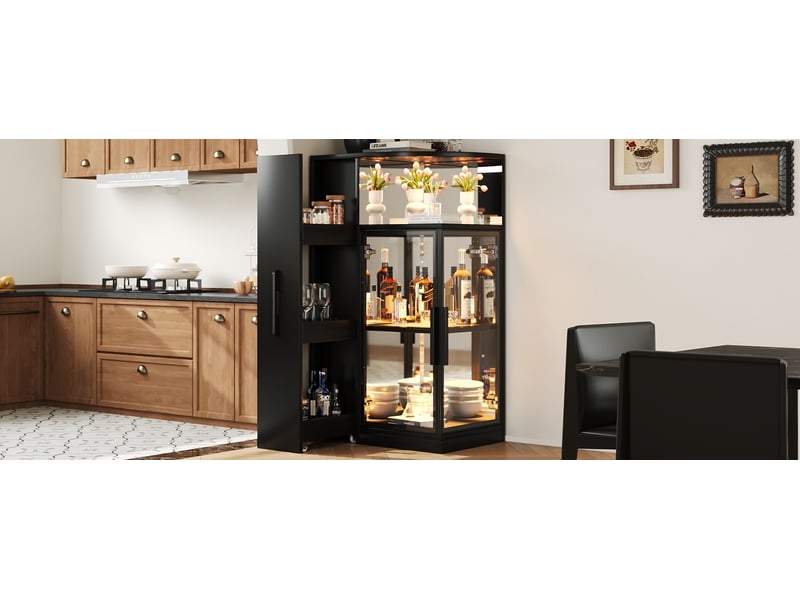  Vitrine en verre 64 x 42 x 112 cm avec meuble latéral coulissant et éclairage led, noir  - Conforama D