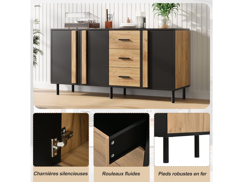  Buffet 140 x 35 x 70 cm, 3 portes et 3 tiroirs, 6 pieds métal, mdf noir et effet bois naturel evarich - Conforama D