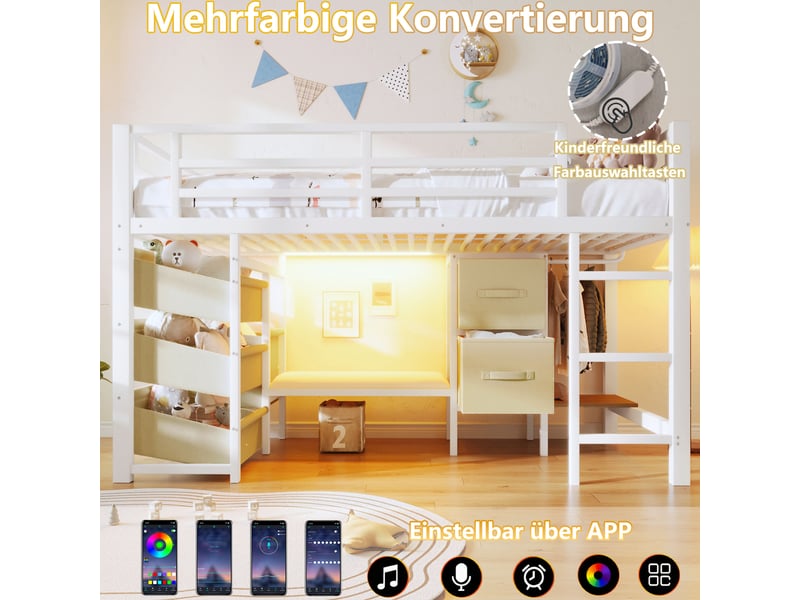  Lit mezzanine enfant mi-hauteur 90x200 cm avec led multicolore, tiroir et poche en tissu, crochets à vêtements, métal blanc  - Conforama E