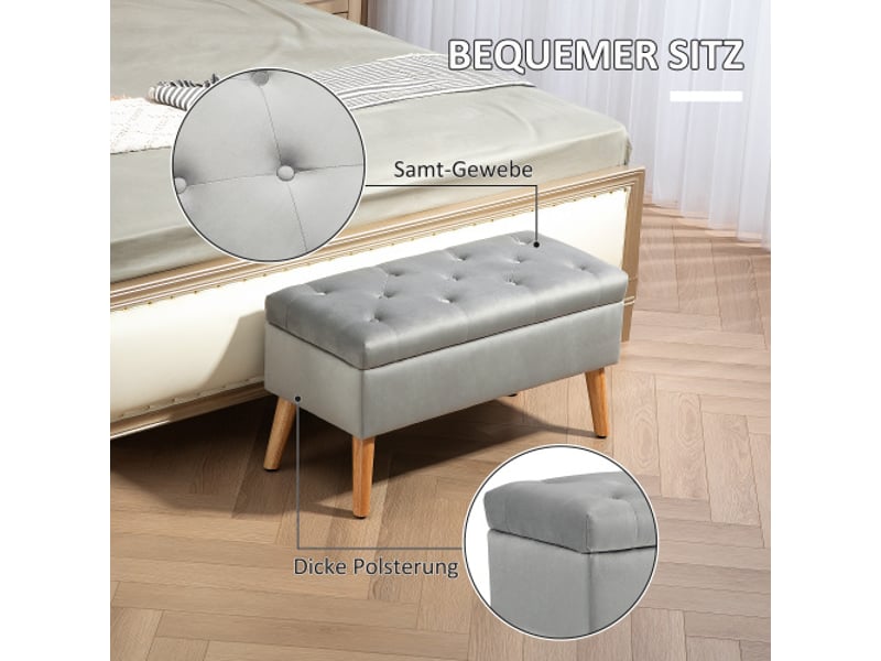 Banc coffre gris rembourré effet velours, couvercle, bois d’hévéa, 102x35x43 cm, rangement  - Conforama B