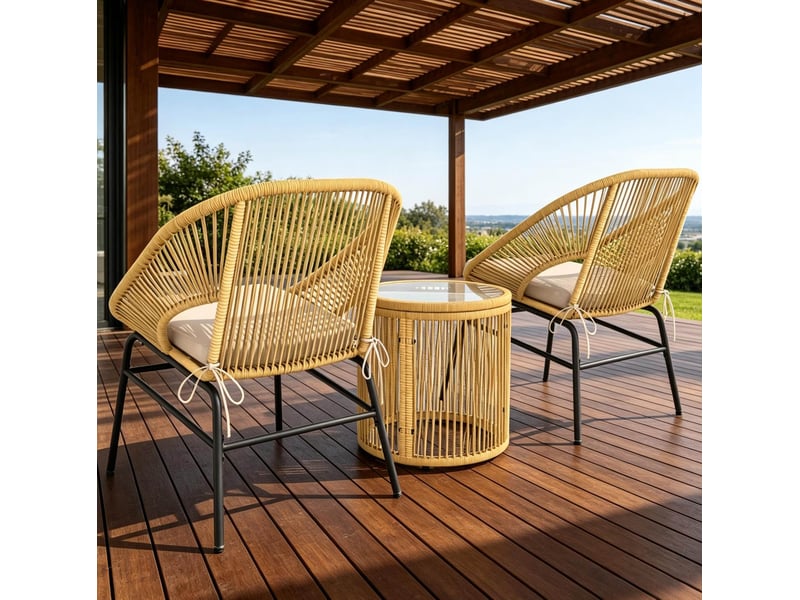  Salon de jardin 2 fauteuils avec table ronde – 63x73x81 cm – beige – coussins déhoussables et plateau en verre trempé  - Conforama B