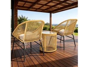 Salon de jardin 2 fauteuils avec table ronde – 63x73x81 cm – beige – coussins déhoussables et plateau en verre trempé