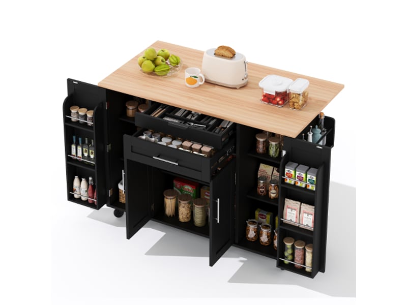  Îlot de cuisine mobile extensible 136x70x92 cm en mdf noir et naturel  - Conforama A