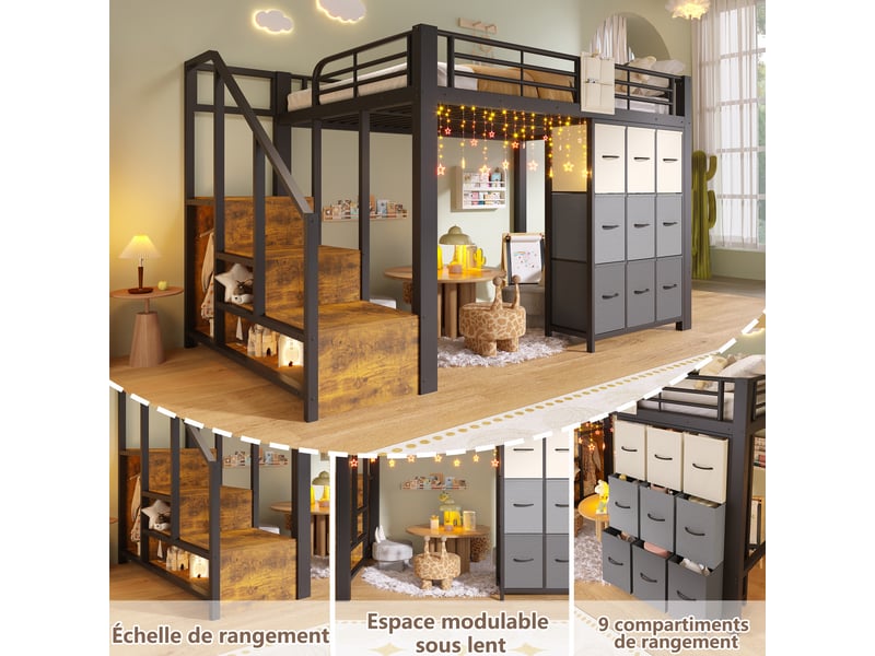 Lit mezzanine 140 × 200 cm 2 places avec tiroirs, penderie et escalier de rangement, sans matelas, noir - Conforama E