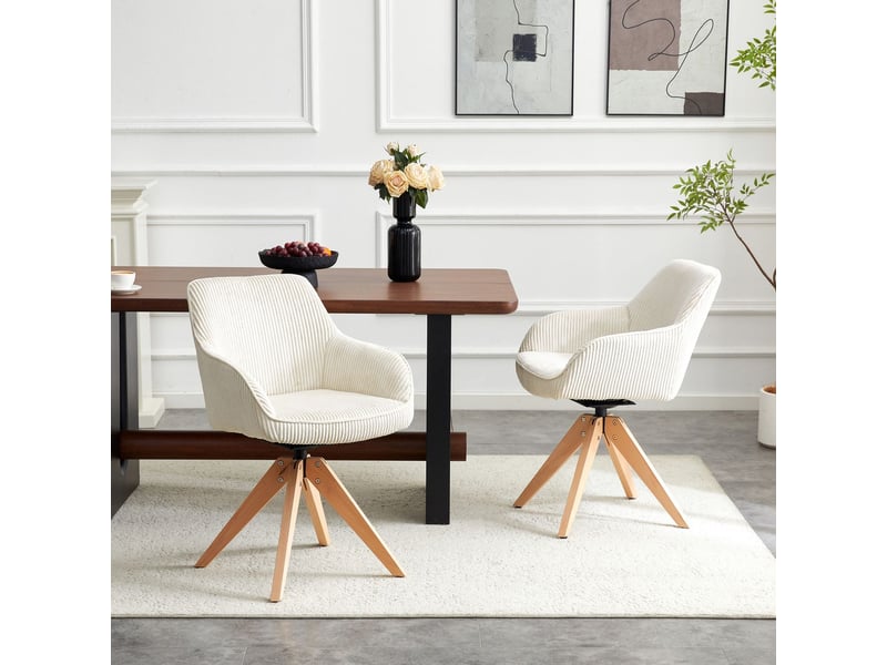  Lot de chaises 2 pièces style rétro assise en velours crème rayures verticales pieds en bois massif pivot 360°  - Conforama B