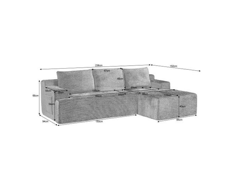  Canapé d’angle l (à droite) modulable 4 places 238 x 152 x 66 cm, assise profonde, convertible et sans montage, velours côtelé, noir OMNIGLINT TRADING LTD - Conforama D