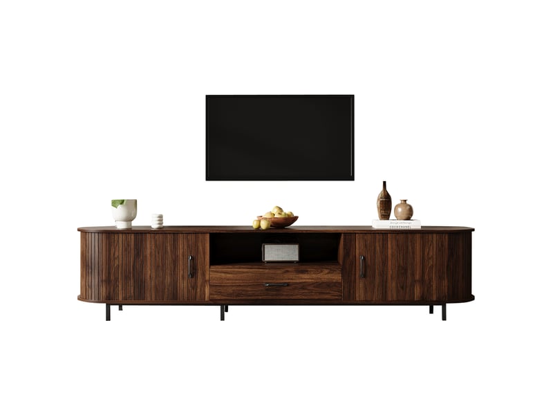  Meuble tv avec 2 portes coulissantes, 1 tiroir et 2 niches ouvertes rétro pour salon en mdf noyer foncé 180 × 40 × 50 cm  - Conforama A